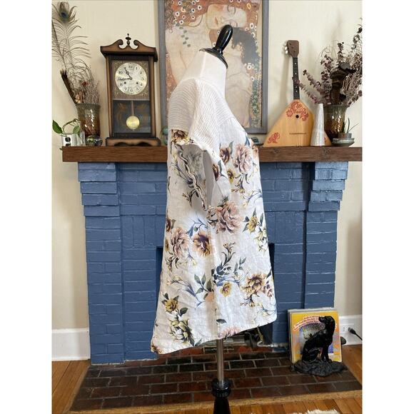 Lungo Larno Floral Linen Top Size 1X Cap Sleeve Lightweight Boho XL Lagenlook - Picture 2 of 13